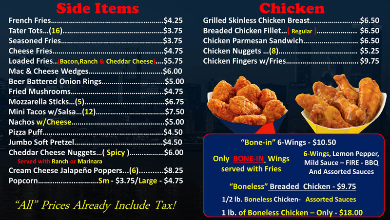 fries, chicken pricing